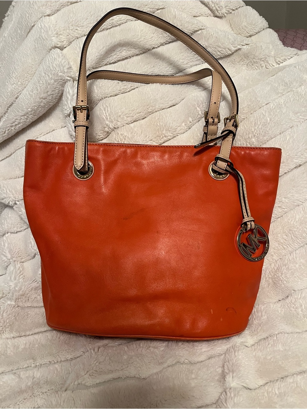 Michael Kors Orange Leather Tote with Beige Straps and Logo Charm